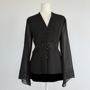 J.R. Nites By Caliendo Tunic Blouse Womens M Black Beaded Sheer Bell Sleeve Top